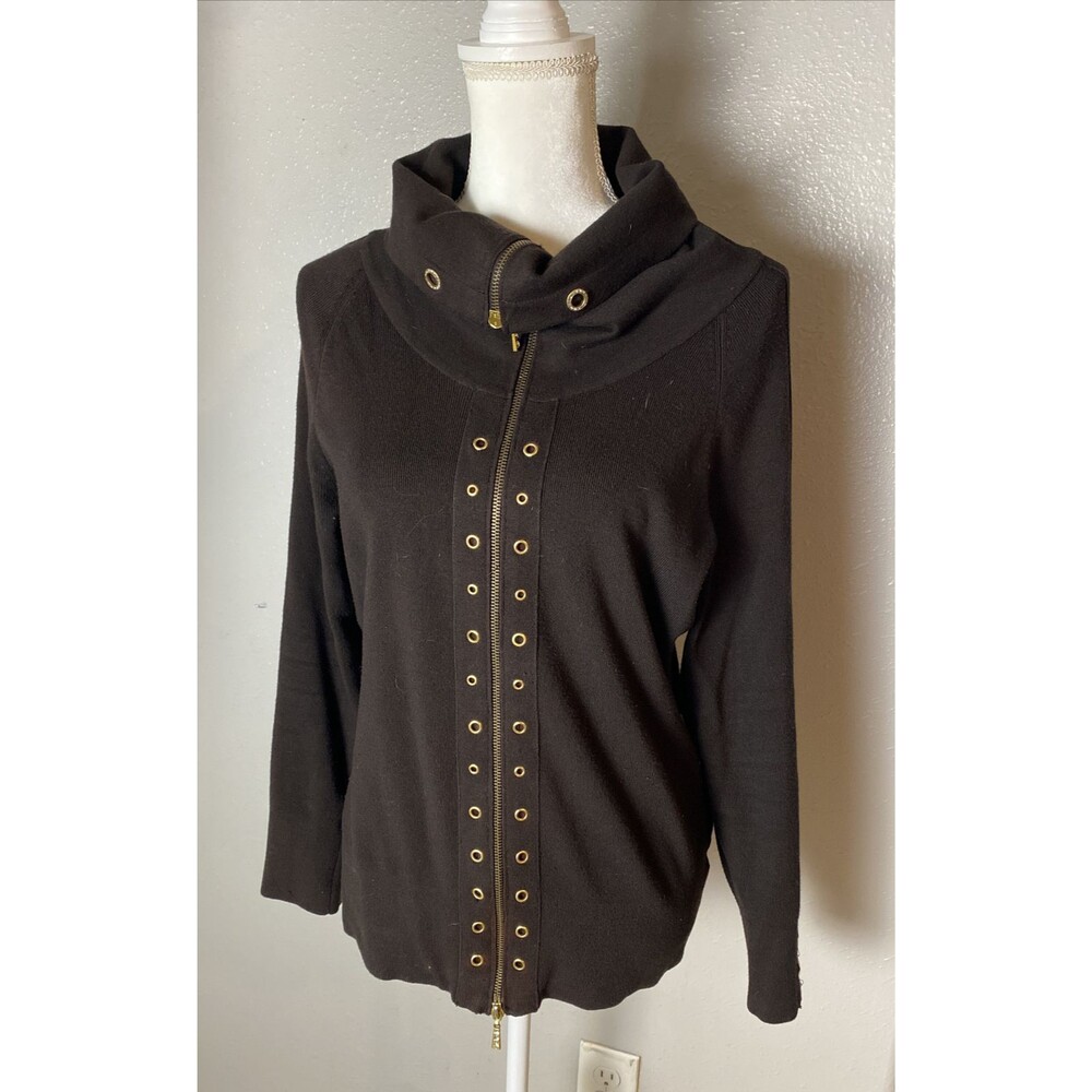 Cache double zip cowl neck sweater, Chocolate With Gold, Size Large